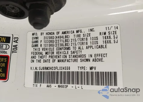 2015 Honda Cr-V Lx из США, поврежденный, VIN 5J6RM3H33FL004556